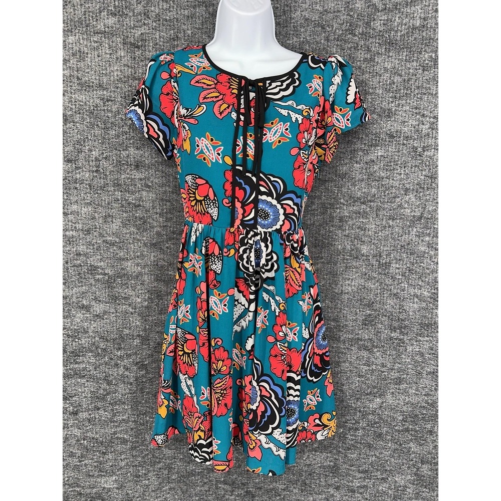 Express Dress Womens 0 Multicolor Floral Keyhole Short Puff Sleeve Fit & Flare